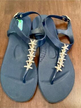 OKA b. Navy T-Strap Sandals with Rhinestone Starfish Accents